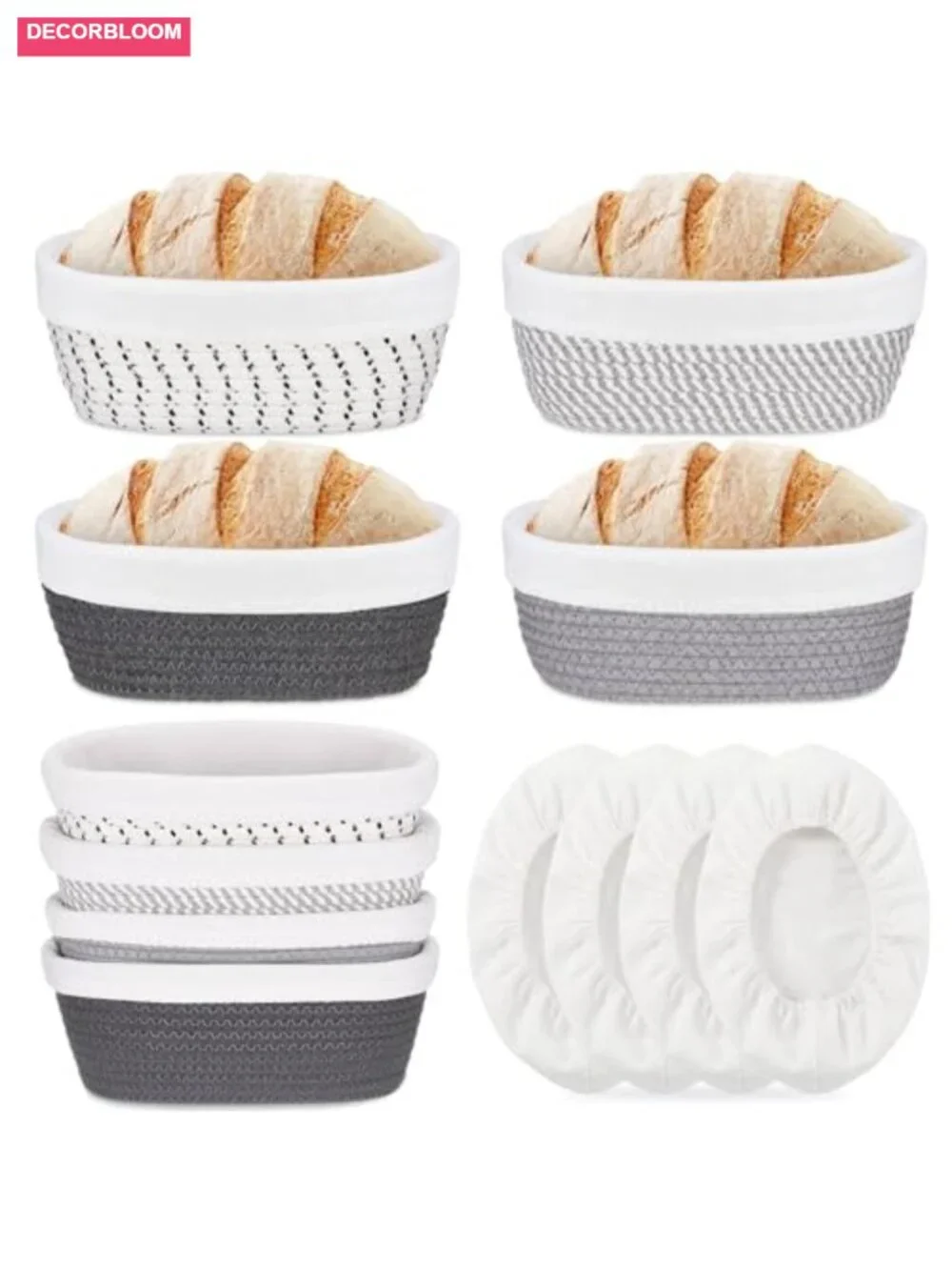 4 Pcs 10 Inch Bread Proofing Basket Set Oval Banneton Cotton Rope with Liners